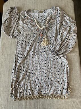 SKEMO V neck oversized Boho pullover beaded tassel tunic top swim cover up M